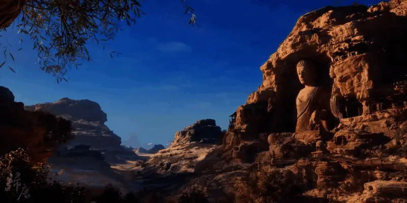 远处山峰云雾缭绕,近景绿树成荫,水面波光粼粼