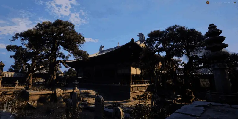 一座古桥横跨溪流,两侧是青石小径与低矮屋舍