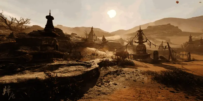 山间庙宇被霞光笼罩,飞檐翘角映照出古典之美