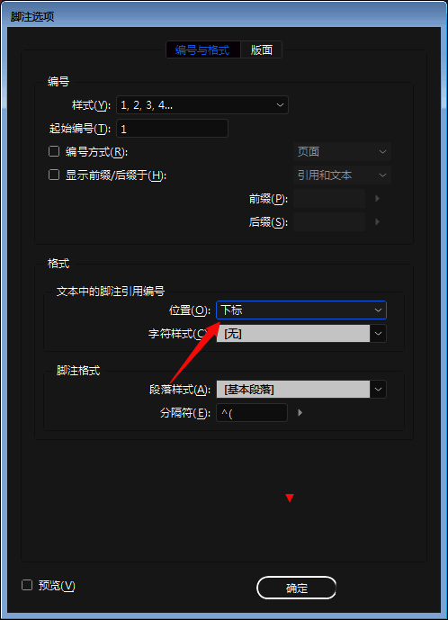 脚注设置面板细节图,重点标注格式与位置选项区域