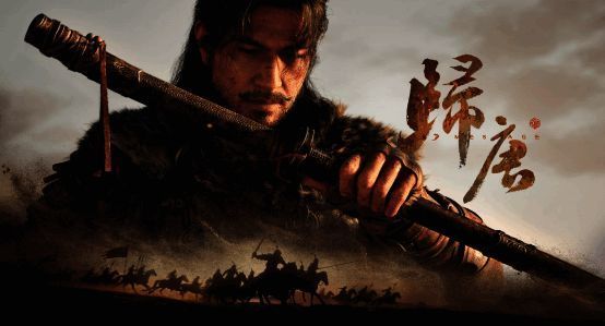 游戏《归唐》宣传画面,展现黄沙漫天下的信使队伍,身着古风服饰,背景为壮阔戈壁景象