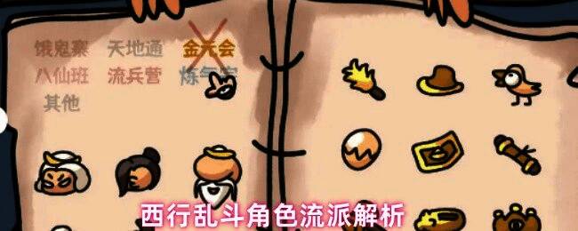 西行乱斗游戏界面展示多个流派图标，界面风格卡通且色彩鲜明