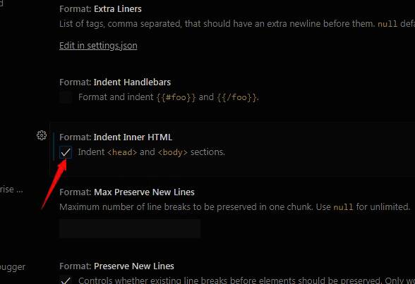 代码格式化设置界面特写，突出显示HTML缩进设置选项