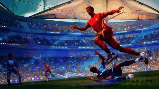 游戏实机画面展示球员奔跑与传球动作,背景为未来风格球场设计