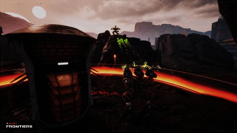 游戏中「先锋」模式对战场面,两队机甲激烈交火中