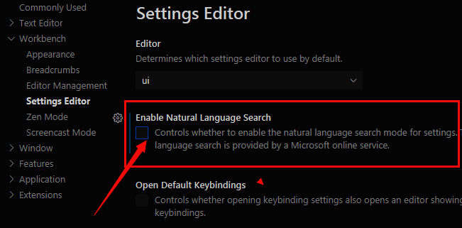 VSCode设置界面显示自然语言搜索开关选项