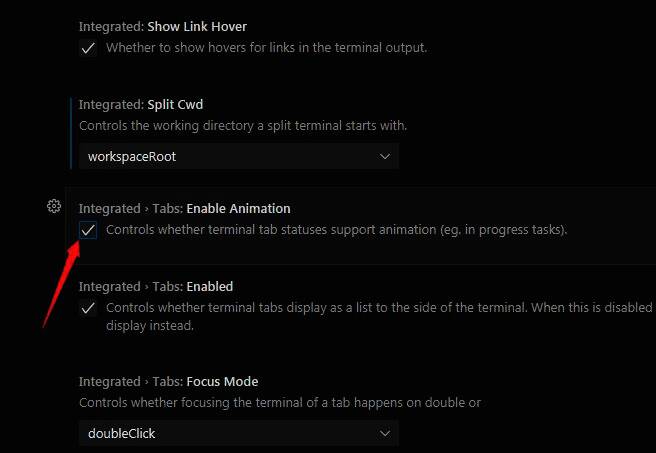 Terminal栏目中启用动画的选项按钮被勾选状态展示图