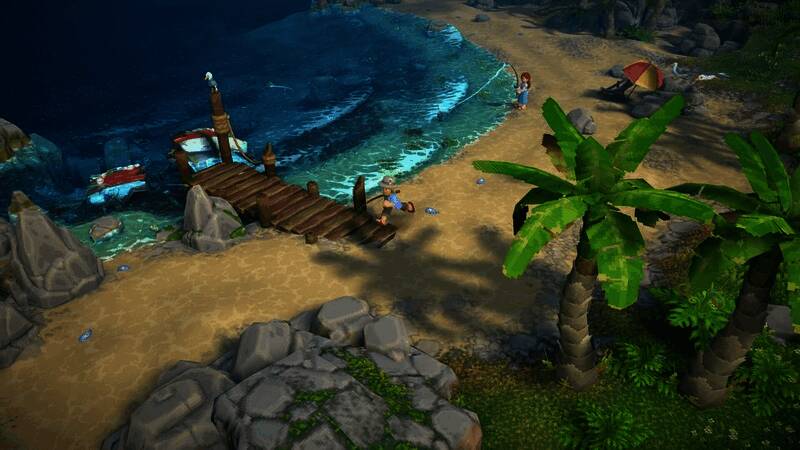 露玛岛的热带风光,玩家正在农田劳作,远处可见神秘遗迹