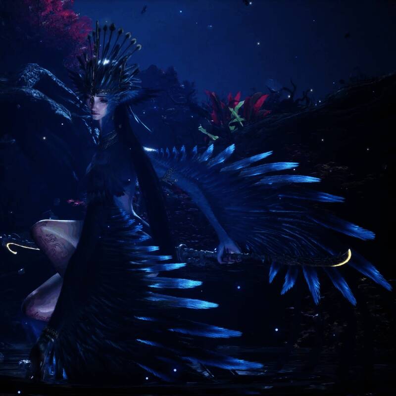 《明末：渊虚之羽》最新Boss角色展示，一位身穿古风战袍、神情冷艳的女性Boss，背景充满诡异氛围