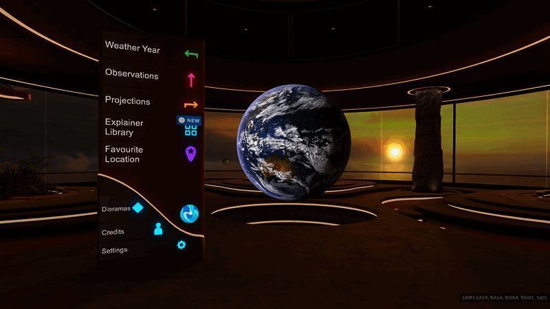 《气象档案馆》主界面展示，背景为动态变化的地球模型，界面中央显示项目LOGO