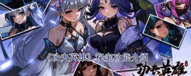 《功夫英雄》秘宝界面展示，界面中央显示多种秘宝图标与属性加成效果