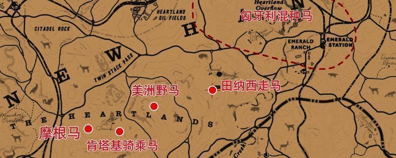 大地之心区域地图截图,标注多个野马刷新点