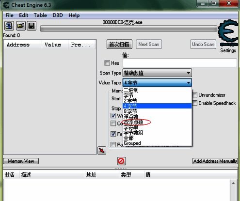 CE修改器设置数据格式为双浮点数的界面展示