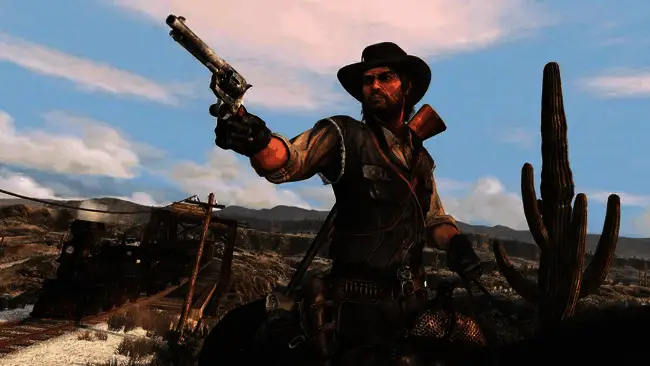 《荒野大镖客》角色约翰·马斯顿游戏截图,画面呈现西部风格场景