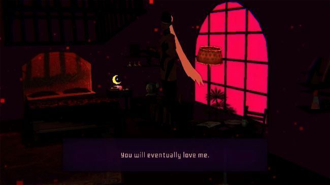 游戏中 Michelle 与恶魔对峙的紧张时刻,背景充满霓虹光影特效