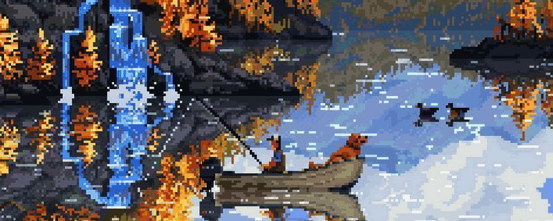 游戏主界面展示,背景为宁静湖泊与钓鱼场景