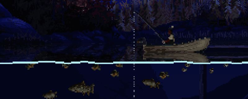 游戏中钓鱼界面展示,显示角色正在湖边专注垂钓