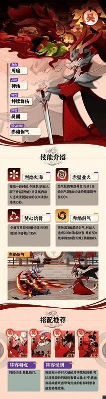 技能界面展示周瑜各项技能效果,红色火焰特效充满视觉冲击力