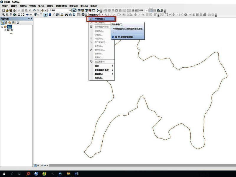 线状要素被高亮选中,缓冲区按钮位于编辑器子菜单中