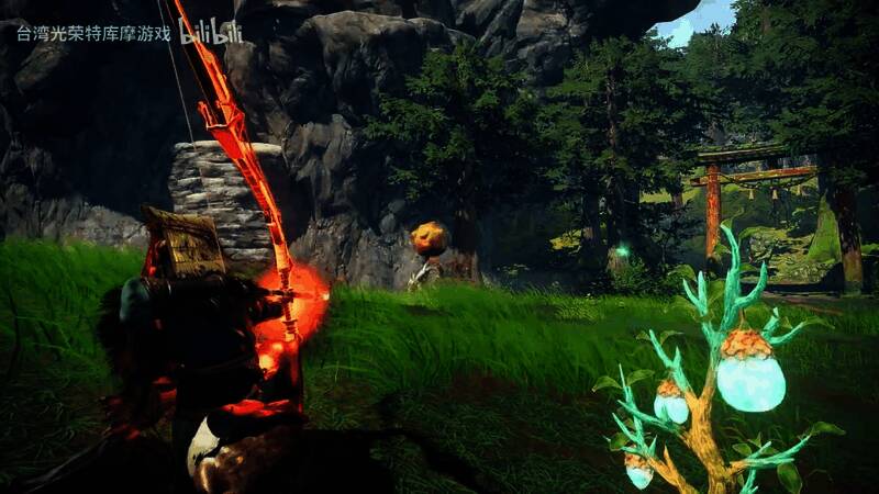 多人合作狩猎场景,弓手远程协助队友对抗巨型怪兽