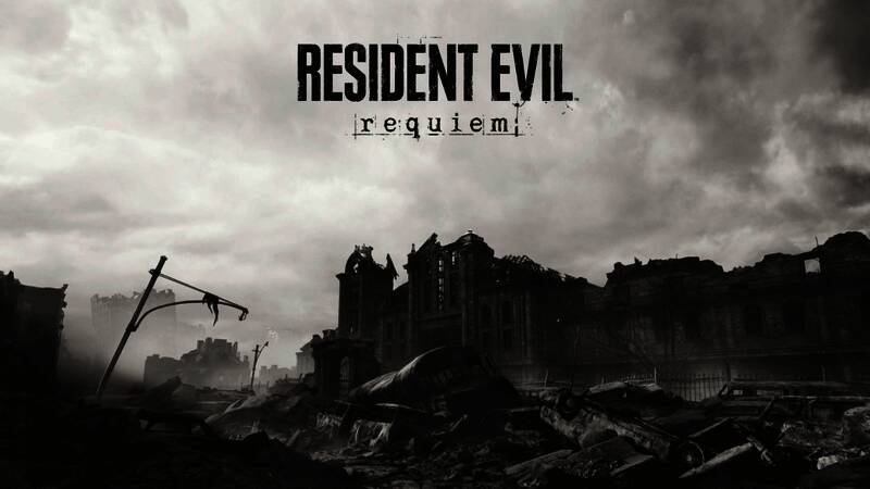 浣熊市废墟街景,街道破败不堪,建筑残骸遍布,远处有模糊的丧尸身影