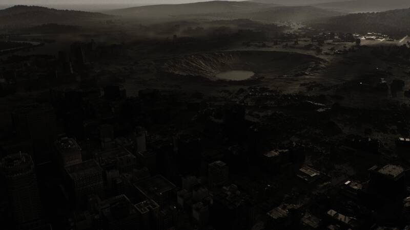 主角手持武器在昏暗巷道中穿行,周围满是倒塌的车辆和破损的广告牌