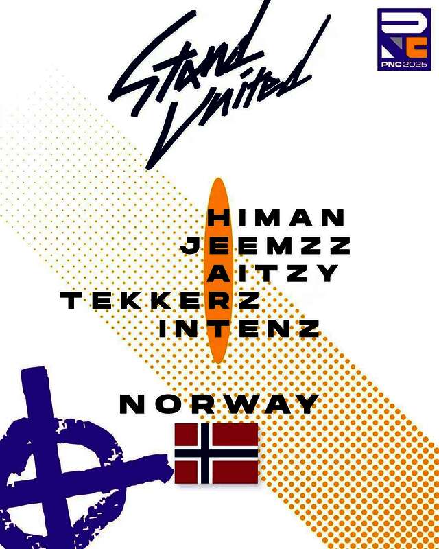 《PUBG》官方公布的挪威PNC战队成员合照，五名选手站姿自信，背景为赛事LOGO