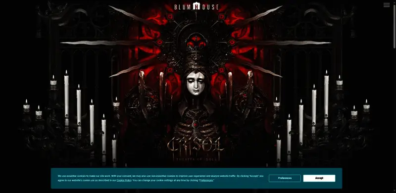 游戏官网截图,页面中央展示游戏LOGO与角色剪影,界面风格阴森神秘