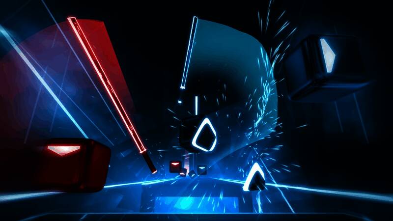 《节奏光剑》在PS平台上的游戏画面，玩家挥舞光剑击打音符，场景充满未来科技感