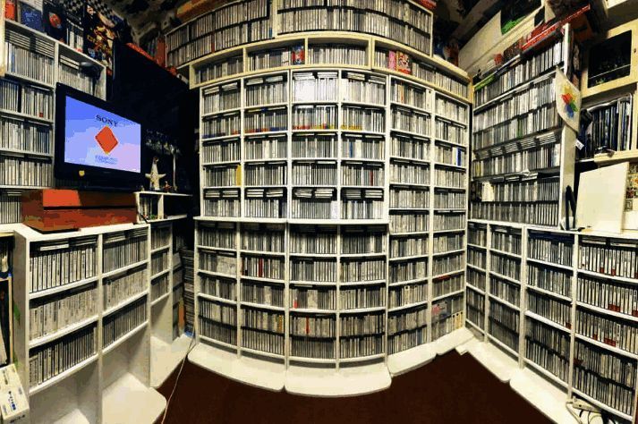 玩家展示其庞大的PS游戏收藏，成堆的游戏光碟整齐排列