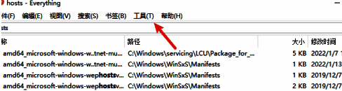 Everything软件主界面,顶部显示工具菜单位置