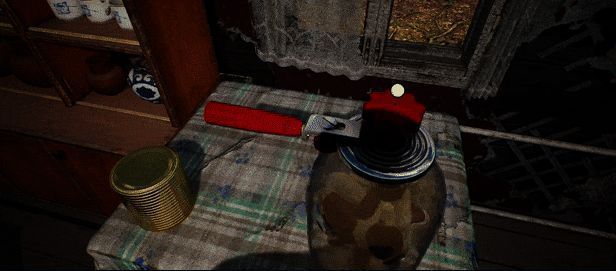 厨房场景中玩家正在将蘑菇放入玻璃罐中腌制,桌上摆满香料瓶