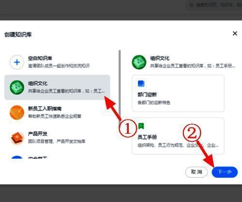 知识库模板选择界面截图,组织文化分类被特别标注