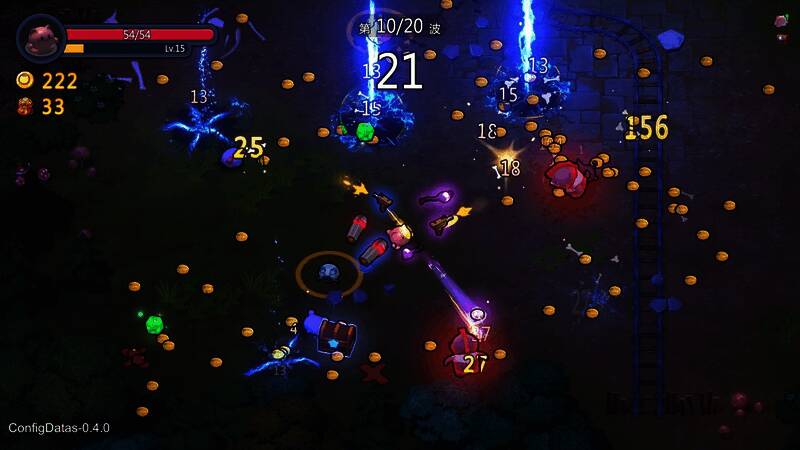 游戏中战斗画面，猫咪角色在光影交错的战场上奋力拼杀，敌人成群涌来