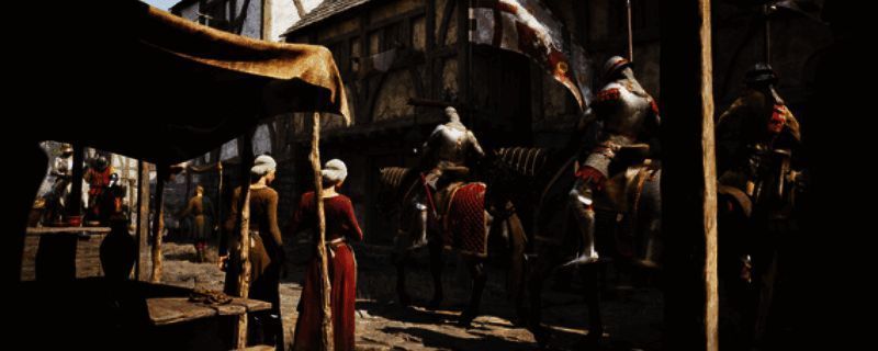 游戏中角色手持长剑与盾牌，在战场上奋勇杀敌的场景，背景可见中世纪风格城堡