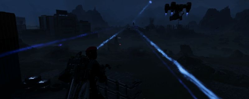 《绝地潜兵2》中光能小飞机飞行于空中，快速穿梭于战场之间