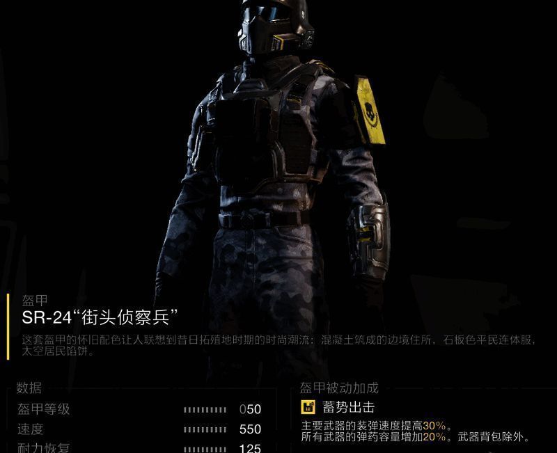 SR-24街头侦察兵盔甲展示图，外观紧凑科技感十足