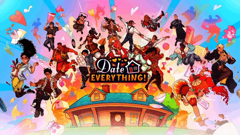 《Date Everything!》游戏封面展示,主角佩戴‘Dateviator’眼镜,周围漂浮着各种非传统恋爱对象形象