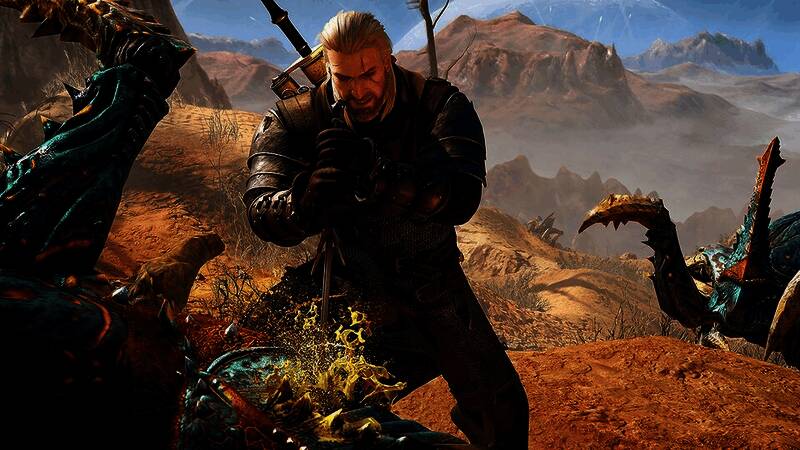 游戏内杰洛特战斗画面,展示其标志性旋转劈砍动作与特效