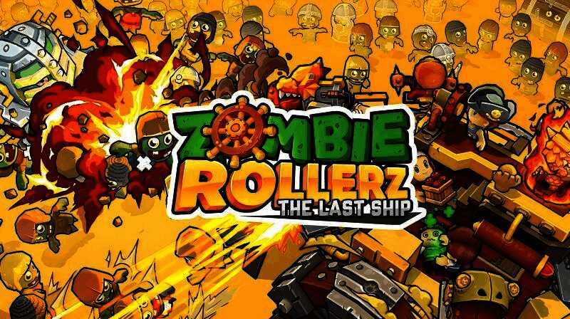 游戏封面图,卡通风格的战舰在末日环境中扬帆起航,周围环绕着各种武器装备