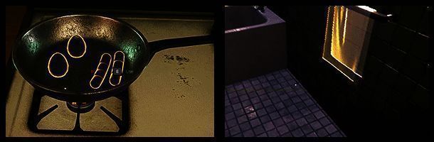 角色整理桌面物品,桌上摆放着老旧照片和奇怪符号