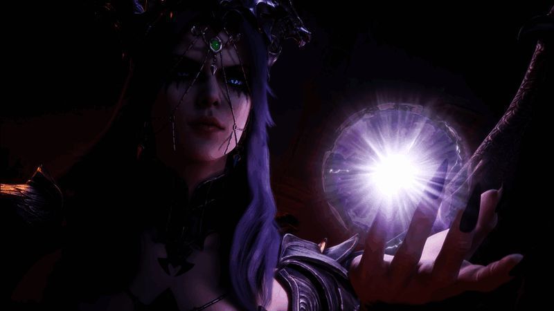 黑暗女士技能释放瞬间，光影交错，铭文环绕周身，极具史诗感