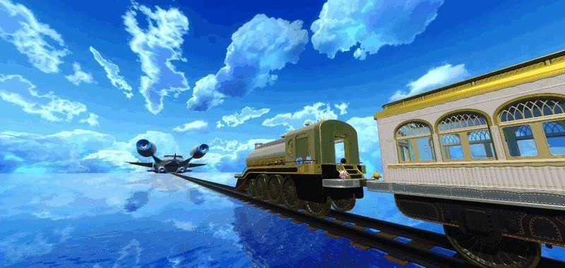 蛋仔列车驶向曙光，远方是宏伟的飞船基地，整体画面充满希望感