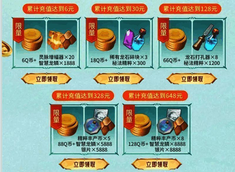 充值返利界面示意图,显示不同档位返利额度