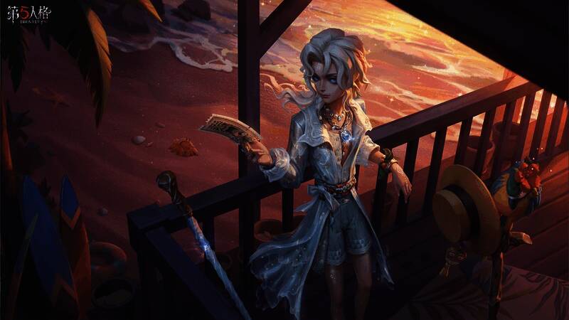 摄影师角色身着盛夏光影时装,站在沙滩边,手持船票,背景是碧海蓝天