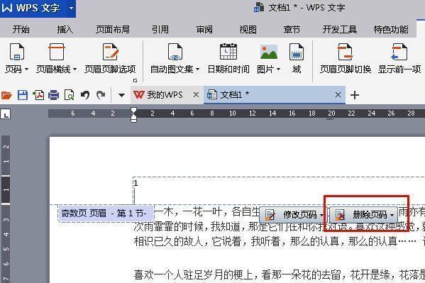页脚区域被选中,页码设置工具高亮显示删除选项