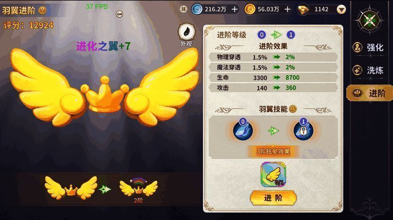 羽翼强化界面示意图，显示强化所需资源和属性加成