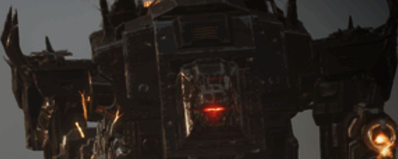 巨型灼烧者正面展示图,全身装甲厚重,左手持火焰喷射器,右手握高速旋转的电锯