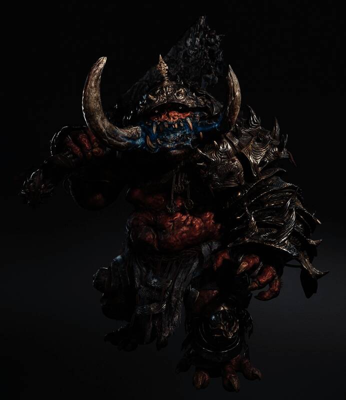 大唾拉幻魔高举巨斧,背景中可见倒塌的建筑与火焰