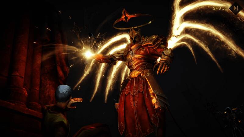 艾伯莱希特借由‘艾伯莱希特之眼’向冒险者展示未来的恐怖画面，高阶天堂与烈焰地狱共同摧毁庇护之地